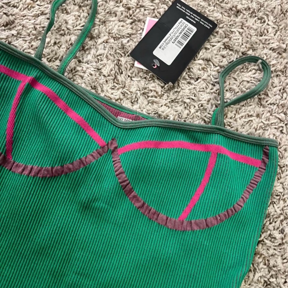 Green Ribbed Cami with Pink Accent - Women Intimates & Sleepwear